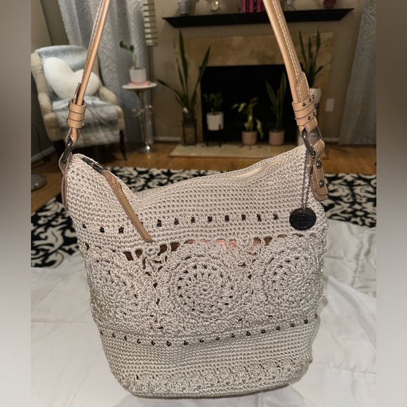 The Sak Sequoia Crochet Cream Rose Gold Hobo Elegant Shoulder Bag Bohemian Boho - Picture 1 of 16